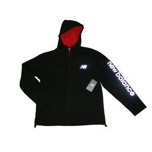New Balance Mens MED Reflective Logo Full Zip Hooded Jacket Black Red